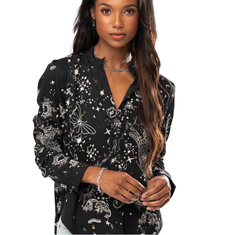 Anthropologie PILCRO Celestial Zodiac Embroidered Sequin Button Front Blouse S
